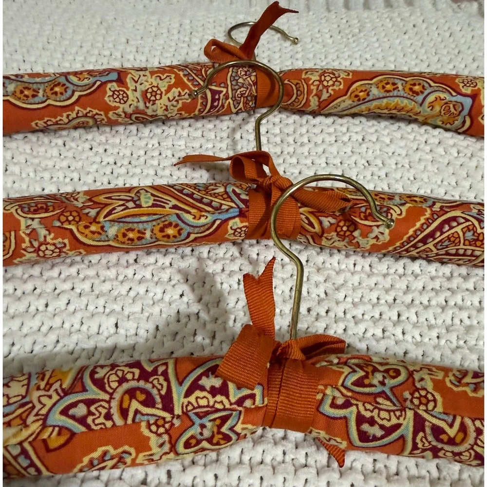3 VTG Vera Bradley Padded Clothes Hangers Orange Paisley Fabric Hook Bows